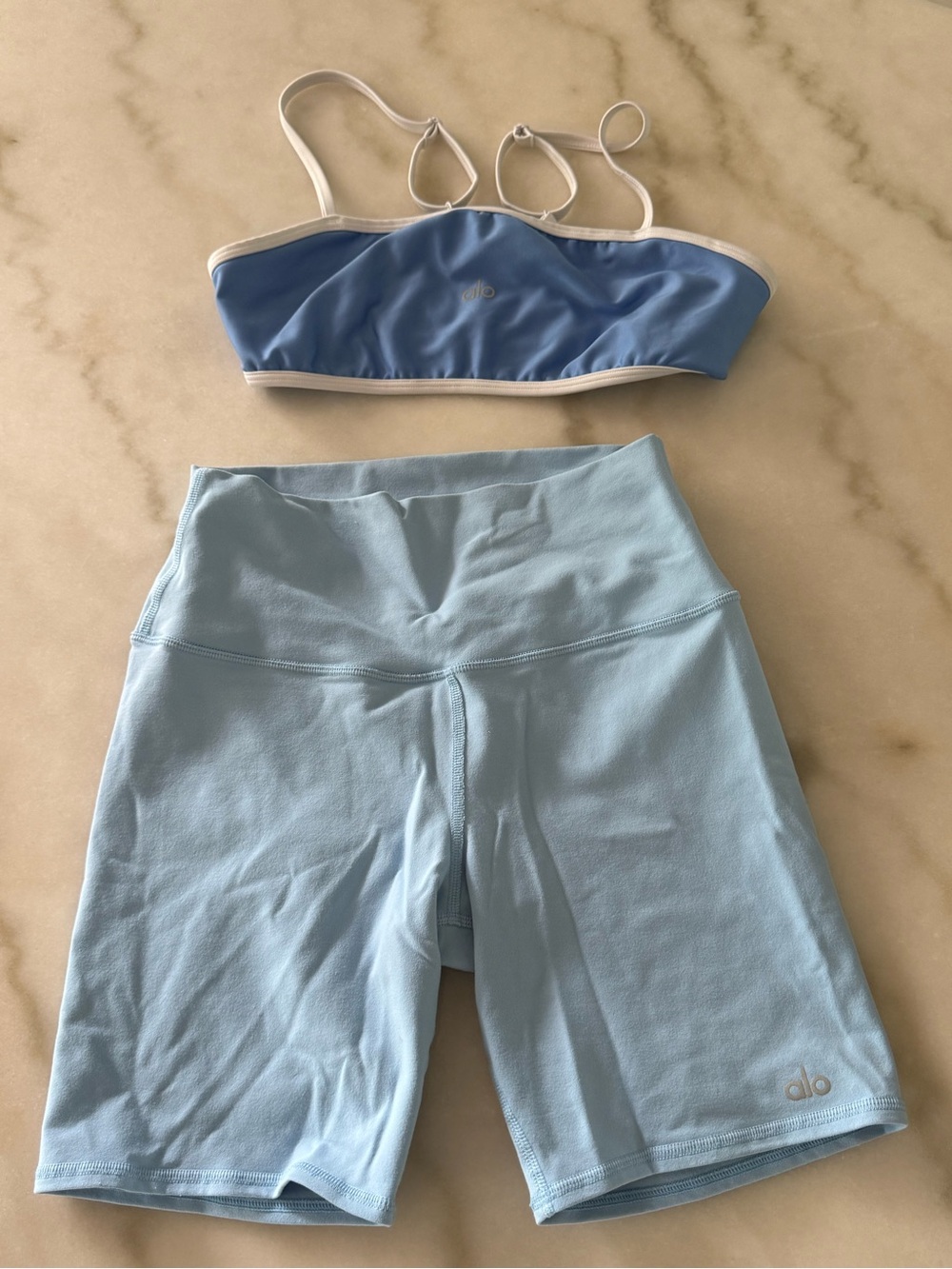 ALO Yoga Sky Blue Bralette & Pale Blue Bike Shorts Set